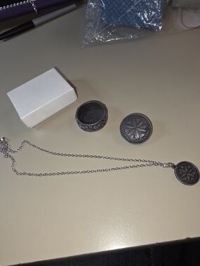Pewter Trinket Round Box With Necklace, Earrings, And Brooch.